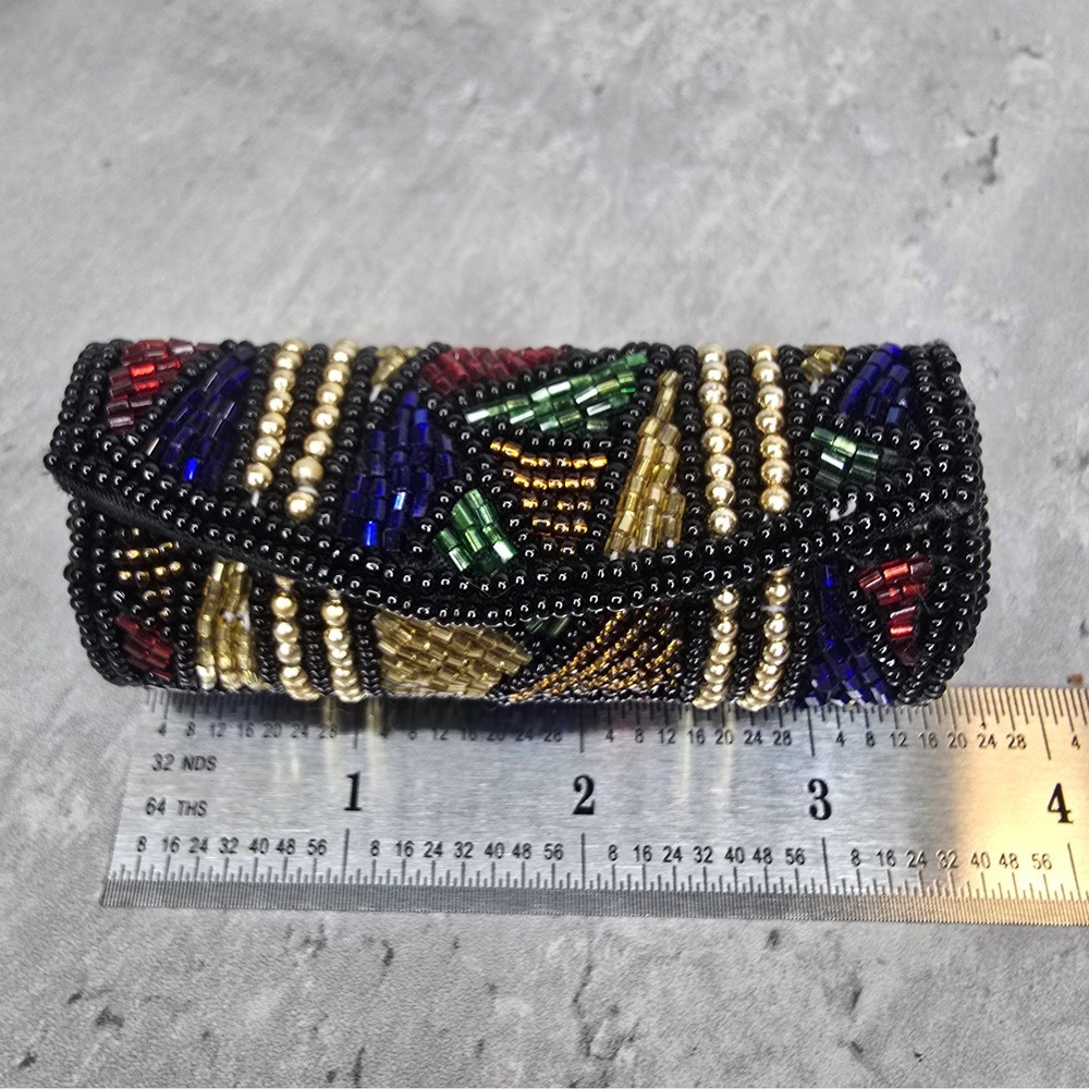 Vintage 80s Beaded Lipstick Case Mirror Geometric Mosaic Black Gold Multi Color - Picture 7 of 8